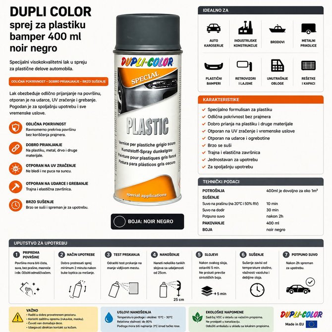 DUPLI COLOR sprej za plastiku bamper 400 ml noir negro